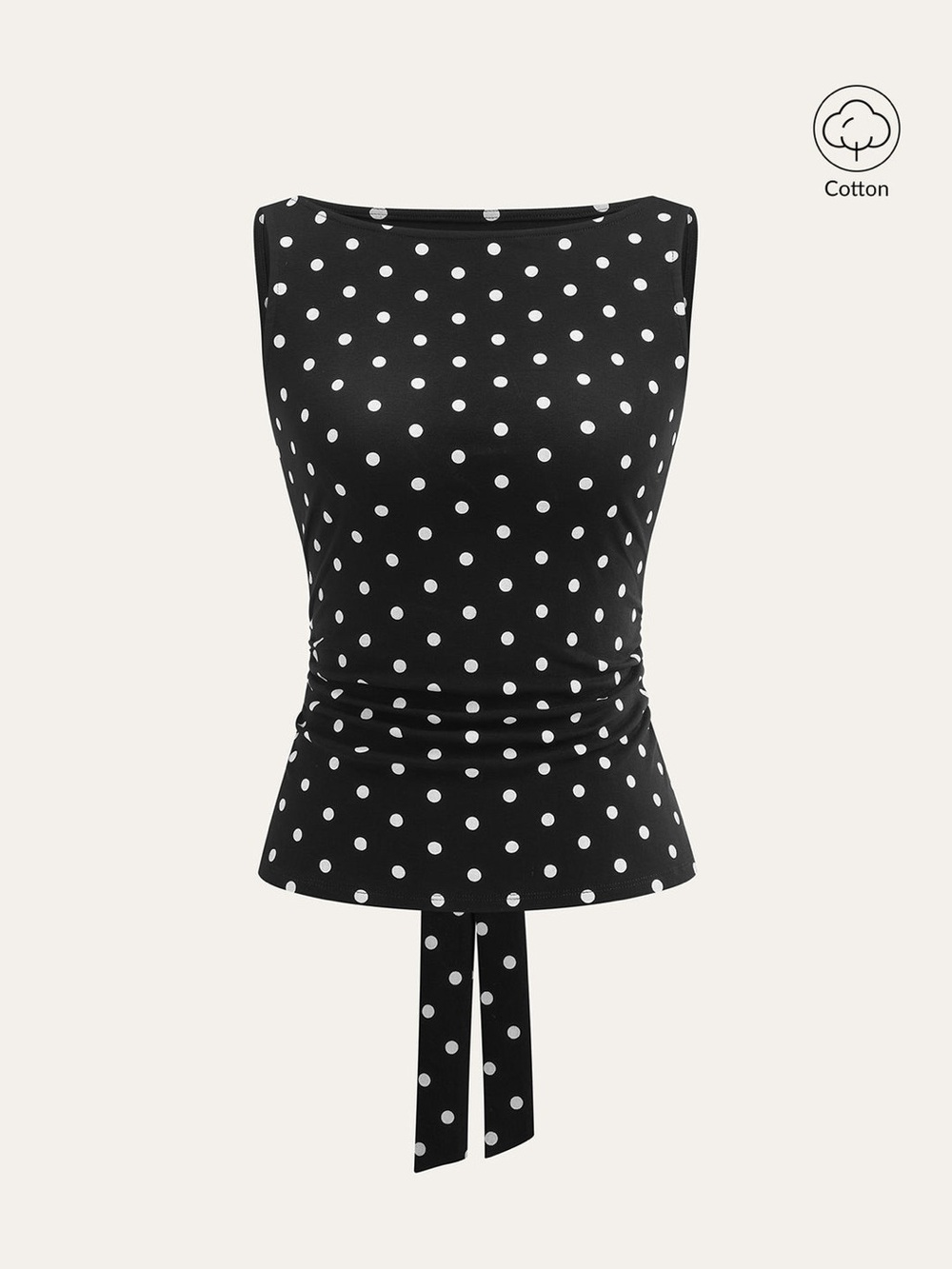 Commense Black & White Polka Dot Tie-Waist Tank